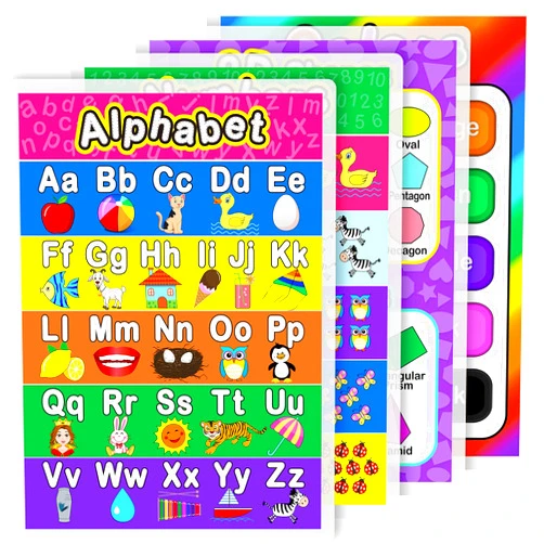 Blulu Laminated Preschool Poster for Toddlers and Kids, 4 Pieces Full Laminated Posters Alphabet, Number 1-10, Shapers, Colors for Nursery Homeschool Kindergarten Classroom, 16.9 x 11.9 Inch