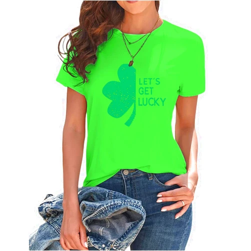 Tangduner St Patricks Day T Shirt for Women Let's Get Lucky Shirt Half Shamrock Printed Funny Graphic Short Sleeve Tee Tops
