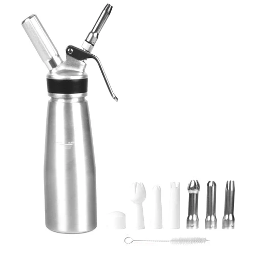 XSUPER Professional Whipped Cream Dispenser, Aluminum Whipped Cream Maker, 1 Pint/500ml Capacity Cream Whipper Canister with 6 Decorating Nozzles & 1 Cleaning Brush - Homemade Cream Maker