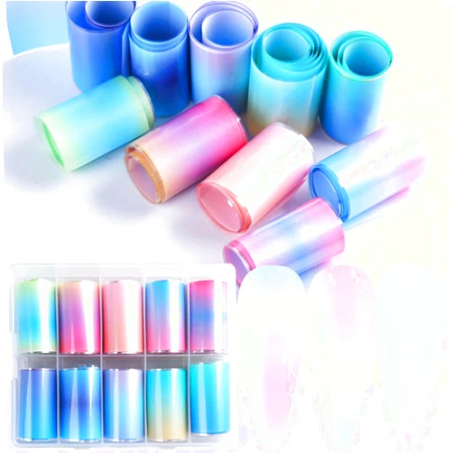 HAOYAN Nail Art Foil Transfer Stickers, Candy Colors Design Nail Foil Adhesive Decals, Blue Gradient Decals Foil Stickers Set Nail Tips Manicure Women and Girls Nail Art DIY (10 Rolls Mix Styles)