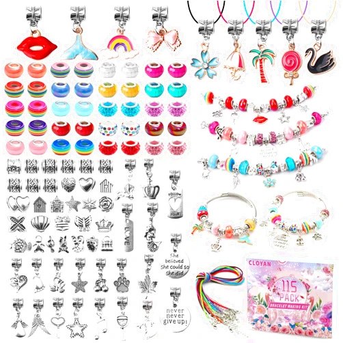 CLOYAN Charm Bracelet Making Kit for Girls, 115PCS Jewelry Making Kits for Girls with Beads, Jewelry Charms, String Necklace, Bracelets for DIY Craft, Jewelry Making Kit for Girls 8-12.