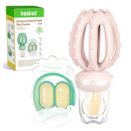 Haakaa Octopus Baby Fruit Food Feeder & Mini Freezer Nibble Tray Combo, Breastmilk Popsicle Molds for Cooling Relief, BPA Free Silicone Feeder for Safe Infant Self Feeding, 4 Month+（Blush）