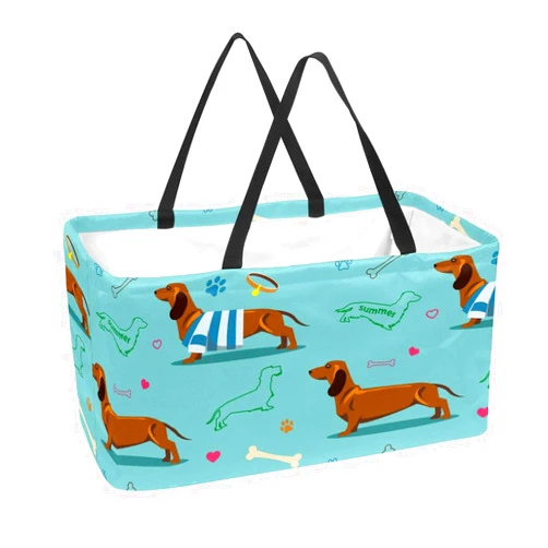 KRUHDKWEODN Brown Dachshund Dog Blue Reusable Grocery Shop Bag Collapsible Utility Tote Bag Oversized Folding Basket Laundry Basket