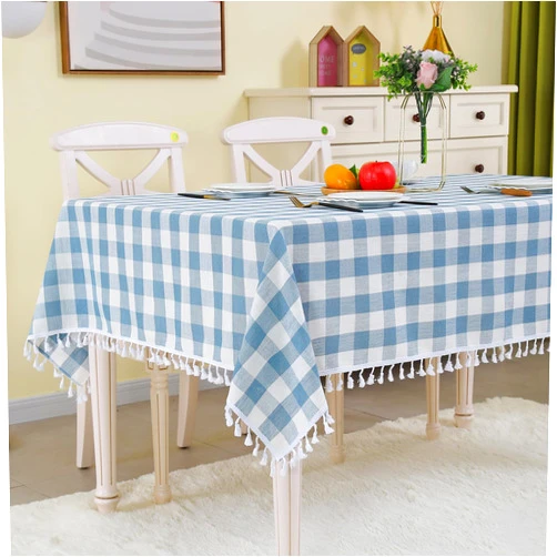 KAYSUN Rustic Plaid Tassel Tablecloth-Country Buffalo Check Cotton Table Cloth for Spring Fall Farmhouse Kitchen Dining Restaurant Decoration… (Blue, Rectangle/Oblong, 55''x86', 6-8 Seats)