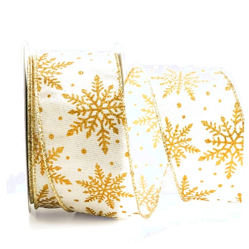 ALTIER Lt. Gold Metallic Fabric Gold Snowflake Wired Ribbon 2.5 inch x 25 Yards for Christmas Home Decoration Gift Wrapping Bow Making Wreath DIY Crafts