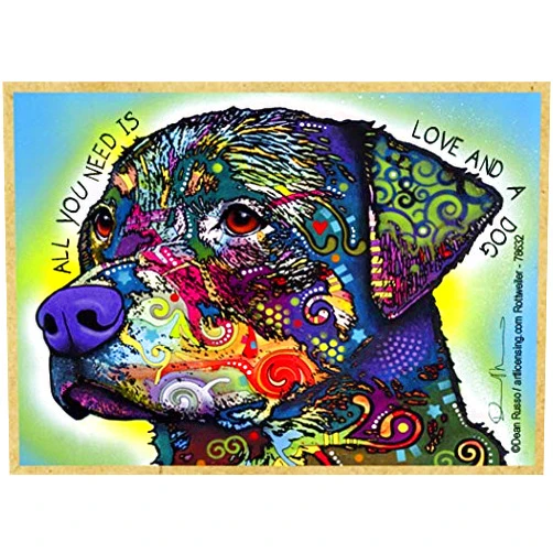 SJT ENTERPRISES, INC. Rottweiler - All You Need is Love & a Dog - Wood Fridge Kitchen Magnet - Features The Artwork of Dean Russo - Made in USA - Measures 2.5
