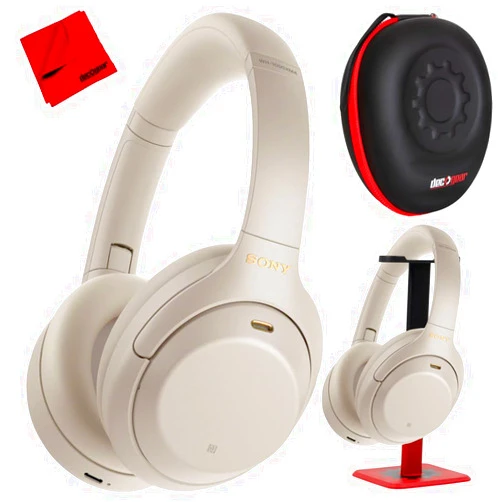 Sony WH1000XM4/S Premium Noise Cancelling Wireless Over-The-Ear Headphones with Built in Microphone Silver Bundle with Deco Gear Premium Hard Case + Pro Audio Headphone Stand + Microfiber Cloth