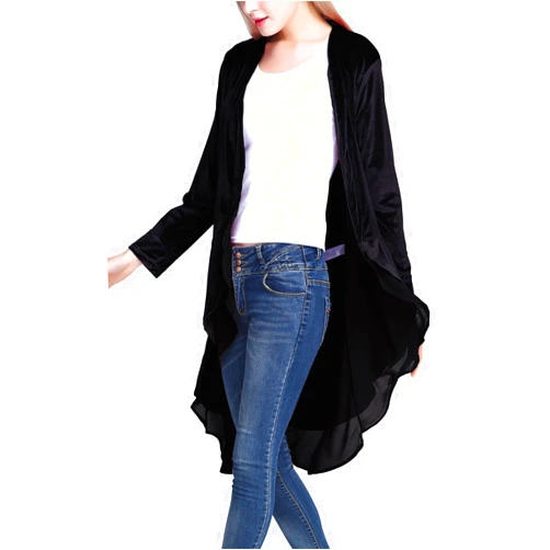 Urban CoCo Women's Long Sleeve Velvet Cardigan Coat with Asymmetric Chiffon Hem