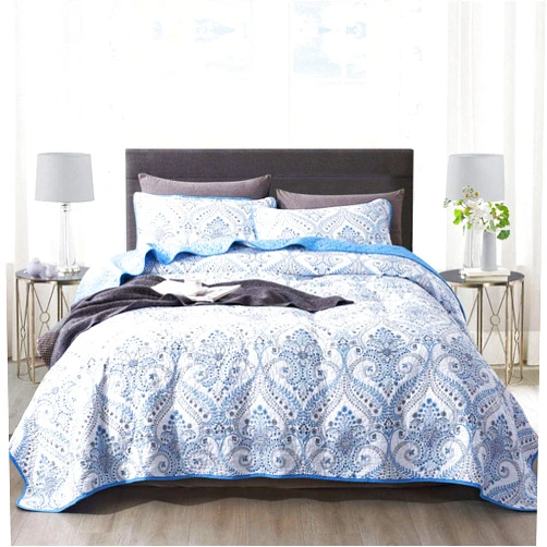 NEWLAKE Cotton Bedspread Quilt Sets-Reversible Patchwork Coverlet Set, Blue Classic Royal Pattern, Queen Size