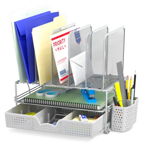 Simple Houseware Mesh Desk Organizer with Sliding Drawer, Double Tray and 5 Upright Sections, Silver