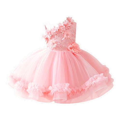 IBTOM CASTLE Infant Baby Flower Girl Dress Asymmetric Shoulder 3D Flowers Toddler Wedding Birthday Party Pageant Tutu Dresses