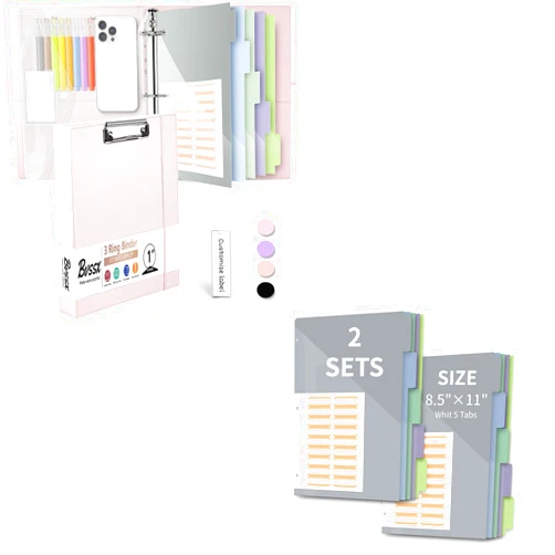 BVSSX 3 Ring Binder 1 Inch Organizer Kit, 5-Tab Pockets Dividers（3Pack）, 36 Divider Stikers（Pink）