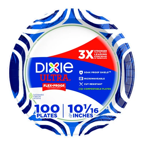 Dixie Ultra, Large Paper Plates, 10 Inch, 100 Count, 3X Stronger*, Heavy Duty, Microwave-Safe, Soak-Proof, Cut Resistant, Disposable Plates For Heavy, Messy Meals