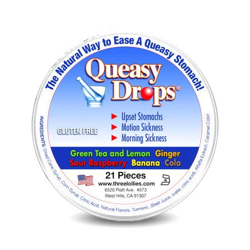Three Lollies Queasy Drops - Relief from Chemotherapy Nausea & Travel Sickness - Relieves a Dry Mouth & Settles The Stomach - Natural Ingredients - 5 Flavors - 21ct