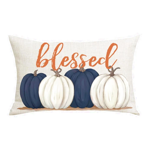WENIANRU Ink Painting Blue Pumpkins Blessed Fall Y'all Thanksgiving Day Home Sofa Chair Bed Decoration Lumbar Pillowcase Cotton Linen Decorative Throw Pillow Cover Case Rectangular 12 x 20 Inches