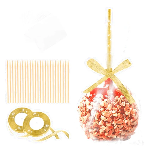 MGWOTH Candy Apple Bags and Sticks Set of 50, Caramel Apple Wrapping Kit with Bamboo Skewer for Rice Krispie Treat, Fruit Pop Golden Glitter Ribbon Wrapper for Party Birthday Wedding Christmas Dessert
