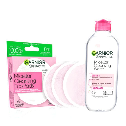 Garnier Micellar Water and Eco Pad Starter Kit, All-In-1 Facial Cleanser & Makeup Remover and 3 Piece Reusable Makeup Remover Pads Set