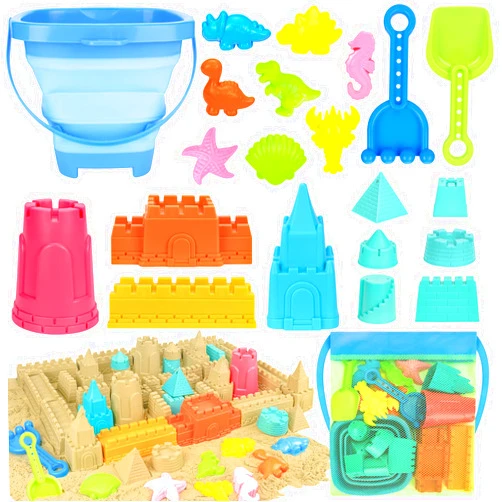 RACPNEL Collapsible Beach Toys for Kids Toddlers, Sand Bucket and Shovels Set with Mesh Bag, Sand Castle Toys for Beach, Travel Sand Toys, Sandbox Toys for Toddlers Kids Age 3-10