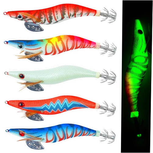 AGOOL Glow Squid Jig Saltwater Glow Squid Lures, 5/10pcs Luminous Shrimp Prawn Lures Fluorescent Squid Jigs Cuttlefish Sleeve Jigs Octopus Jig Tackle Size 2.5 3 3.5
