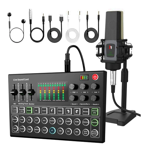 RHM Podcast Equipment Bundle, All-in-One Audio Interface DJ Mixer with Microphone, Stand, Monitor Earphone, Audio Mixer With Sound card for PC/Laptop/Phone, Streaming/Podcasting/Gaming