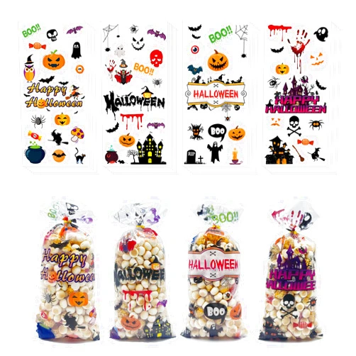 ONFAON Halloween Cellophane Treat Bags, 180pcs Halloween Trick or Treat Goody Gags with 200pcs Twists for Snacks Cookies Packing, Halloween Goodie Bags Party Supplies（03）