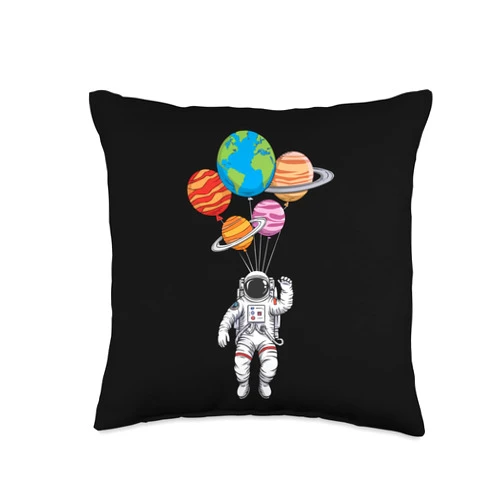 Floating Astronaut Space Balloon Art for Kids Astronaut Holding Planet Balloons Space Adventure for Kids Throw Pillow