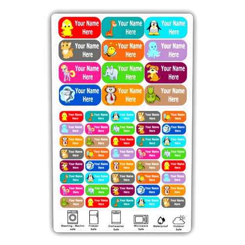 Acorn Printing Personalized Labels - Cute Animal Designs. 52 Custom Stickers for School, Daycare and Camp. Waterproof Name Labels Dishwasher and Microwave Safe, Machine Washable. (Cute Animals)
