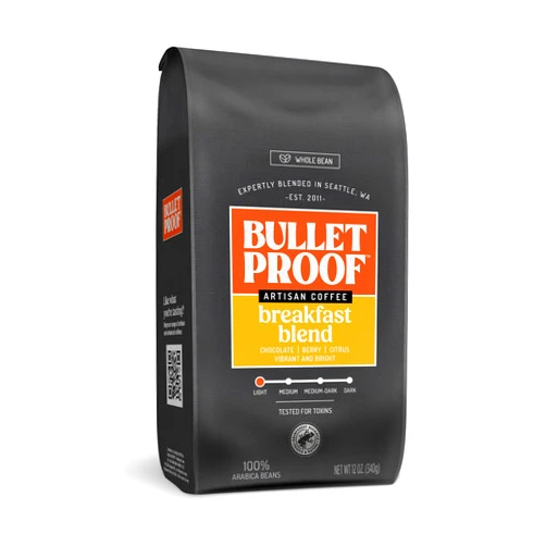 Bulletproof Breakfast Blend Light Roast Whole Bean Coffee, 12 Ounces, Arabica Coffee Sourced from Central and South America, Rainforest Alliance Certified