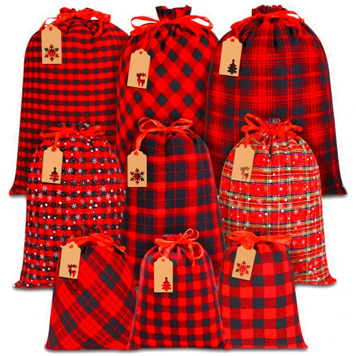 YUJUN 9PCS Christmas Drawstring Bags Christmas Cotton Buffalo Plaid Bags Sacks Xmas Red Black Wrapping Storage Bags with Kraft Tags for Christmas Candy Goodie Holiday party Favors(3 Sizes)