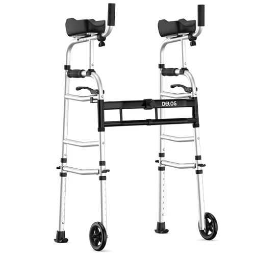 Delog Folding Walker for Senior - Platform Walker with 5’’ Wheels and Removable Padded Armrests 350lbs, Lightweight Walking Mobility Aid, Standard Walker for Elderly (Black)