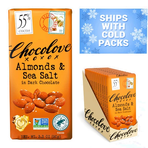 Chocolove Almonds & Sea Salt Dark Chocolate Bars | 55% Cocoa | Crunchy Almonds with a Salty Twist | Premium Belgian Dark Chocolate | Non-GMO, Dairy & Gluten-Free, 3.2 oz Bar (12 Pack)