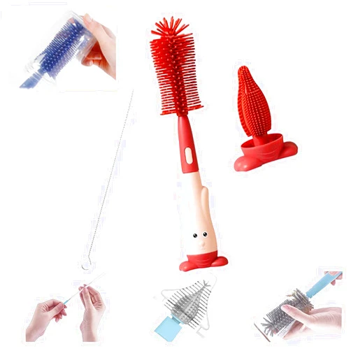 Goderat Food-Grade Baby Bottle Cleaning Brush Kit,3 in 1 Silicone Bottle Cleaning Brush,Multipurpose Cleaning Brush Set for Cleaning Baby Bottle,Nipple,Straw,Rotating Bottle Cleaning Brush (Set of 3 - Red)