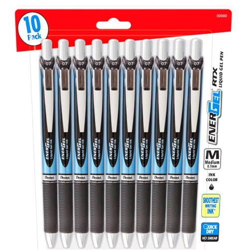 Pentel EnerGel RTX Retractable Premium Liquid Gel Pen, (0.7mm) Needle Tip, Ultra Smooth, Medium Line, Black Ink 10 Pack