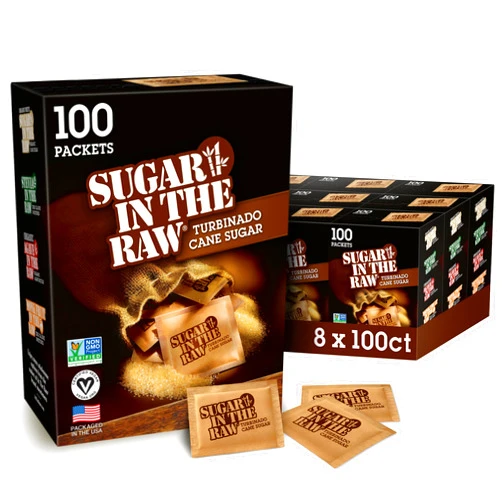 In The Raw Turbinado Cane Sugar Packets, 100 Ct Box, 8 Pack, Pure, All-Natural Turbinado Sugar, Non-GMO Project Verified, Kosher, Vegan and Gluten Free