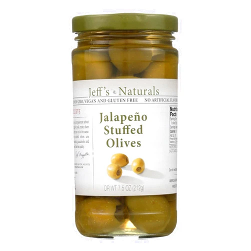 Jeff's Natural Jeff's Natural Jalapeno Stuffed Olives - Vegan - Non GMO - Case of 6 - 7.5 Ounce