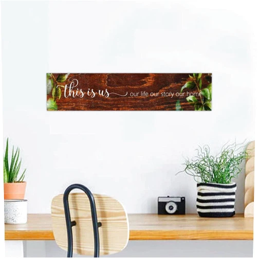 Homsuita Inspirational Wood Wall Sign This Is Us Our Life Our Story Our Home Hanging Wood Plaque Sign Quote Retro with Inspirational Sayings Artwork Decoration Signs for Shelf Front Door 4x18 Inch