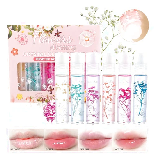 Petansy Flower Jelly Lip Oil Set 6 Packs Moisturizer Long Lasting Roll On Lip Gloss Set with Real Flowers Glossy Lip Make-up for Dry and Chapped Lips