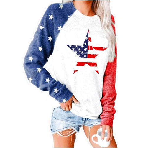 TSMNZMU Womens Star Print Colorblock Shirt Long Sleeve American Flag 4th of July Pullvoer Blouse Tops
