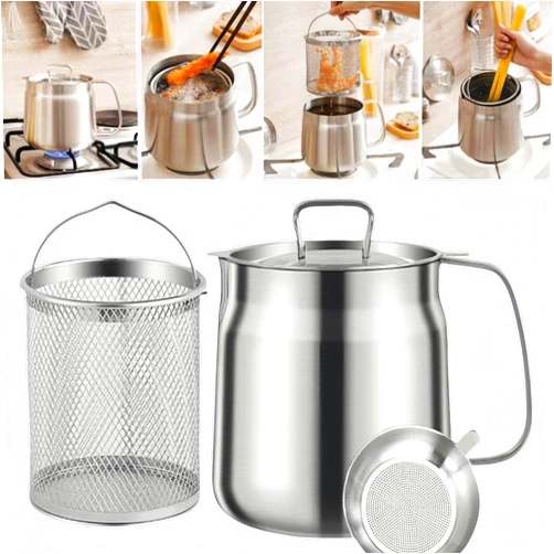 GADO 68oz 304 Stainless Steel Deep Fryer Pot with Basket & Strainer, Large Capacity Bacon Grease Container for Kitchen,Frying, Cooking, Camping,Oil Filter Container - Dishwasher Safe (68oz/2L/2.1Qt)