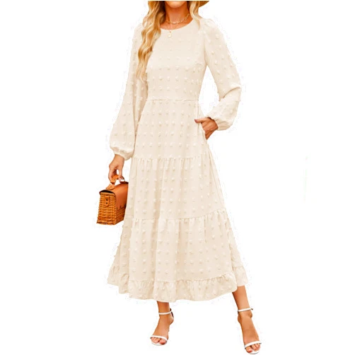 ZESICA Women's Spring Long Sleeve Maxi Dresses Casual Crew Neck Swiss Dot Tiered Flowy A Line Wedding Guest Dress