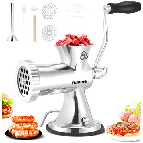 Huanyu Manual Meat Grinder Sausage Stuffer Filler Hand Crank Mincer Stainless Steel Meat Processor Grinding Machine Ground Chopper Home Use for Beef Chicken Rack chili etc. Dishwasher Safe