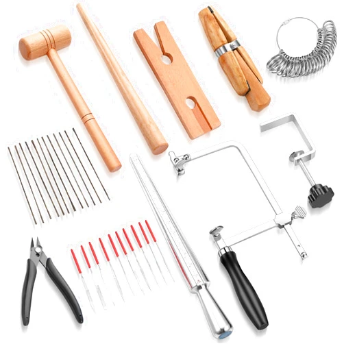 Minatee Jewelers Tools Set Including Jeweler Saw Frame Bench Pin Clamp Diamond Needle File Wooden Ring Clamp and Ring Sizer Mandrel Measuring Tool Jeweler's Mallet Hammer Stick for Jewelry Making
