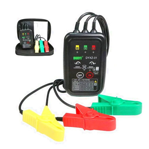 DUOYI Phase Rotation Meter 3 Phase Sequence & Motor Rotation Tester, Non Contact Voltage Tester Short Detection 70V~600V AC Live Wire Inspection, with 23.62inch Cable Length,Carrying Bag