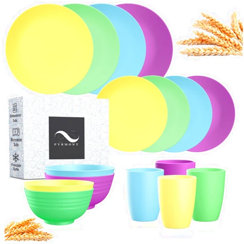 PYRMONT Wheat Straw Dinnerware Sets 16PCS,Plastic Plates and Bowls Set Reusable,Unbreakable Plates and Bowls Sets,Dinner Plates,Dessert Plate,Cereal Bowls,Cups,Dishwasher Microwave Safe Camping dishes