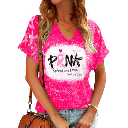 YHHR Breast Cancer Awareness Shirt Pink Ribbon Breast Cancer Support Squad Tshirts Cancer Survivor V-Neck Tops