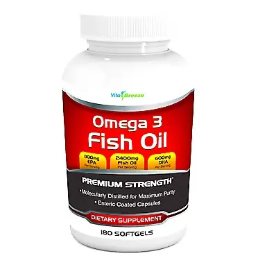 VitaBreeze Omega 3 Fish Oil Supplement (180 Softgels) - 2400mg Triple Strength Fish Oil with 800mg EPA & 600mg DHA Omega-3 Fatty Acids Per Serving - with Enteric Coating - Molecularly Distilled Fish Oil 1 Bottle