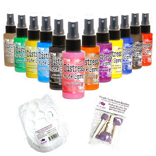 GJCrafts Ranger Tim Holtz Distress Oxide Spray Set # 3 New Spring 2019 Colors, 12 Bottle Bundle With Mixing Tray and Paint Dobbers