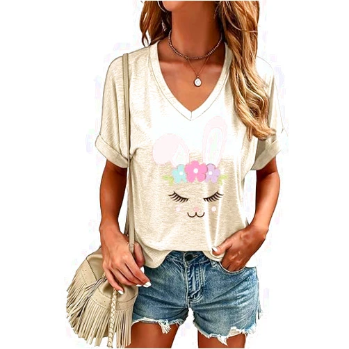 Weokwock V Neck Easter Shirts for Women Cute Bunny Easter Eggs Graphic T Shirts Colorful Spring Tops Casual Tee