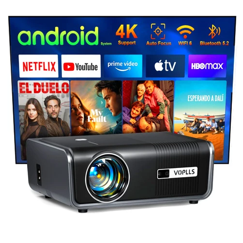 VOPLLS [Built-in Apps & Auto Focus/Keystone] Smart Projector with WiFi and Bluetooth, VOPLLS 600ANSI Native 1080P Outdoor Projector, 50% Zoom Home Theater Movie Projector for Bedroom/iOS/Android/PPT