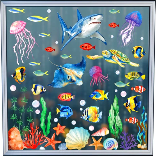 GRITOSE 6 Sheets Watercolor Ocean Window Clings Static Cling Window Decals Double Sided Visible Removable Sea Creatures Shark Turtle Window Stickers for Summer Bathroom Kids Room Glass Window Decor